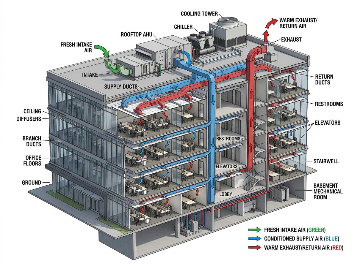 Diagram Isometrik 3D Prinsip Kerja Sirkulasi HVAC Gedung