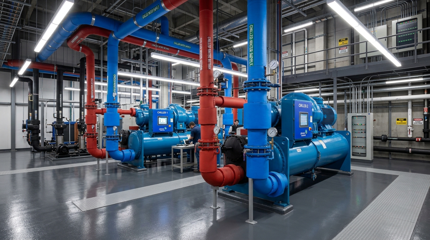 Ruang Mesin Water-Cooled Chiller Plant & Pemipaan Terisolasi